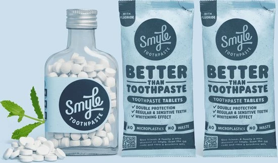 Kopen ❤️ Smyle - Tandpasta Tabletten - Met Fluoride - Tandpasta Tabs + 2 Navulzakjes Van 65 Tabs ???? 3 Kopen ❤️ Smyle - Tandpasta Tabletten - Met Fluoride - Tandpasta Tabs + 2 Navulzakjes Van 65 Tabs ????